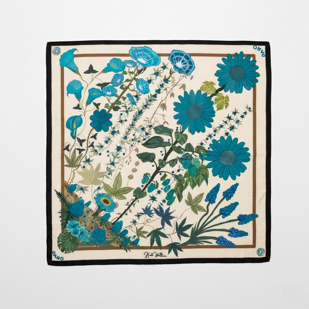 Blue Flower Square Scarf | Hand-Drawn Botanical Study of Cyan Teal & Royal Blue Gerbera Daisies Morning Glories Bell Calla Lilies Grape Hyacinth Buds Blue Berries Monstera & Serrated Leaves on Cream with Black & Brown DARO Frame | Nature Therapy Calm Peaceful Elegant Gift Quiet Luxury Old Money Bawal Eksklusif Tudung Seni 1 of 1 Human Made Luxury Resort Scarf 2026 by Kurt Wollton DARO Studio
