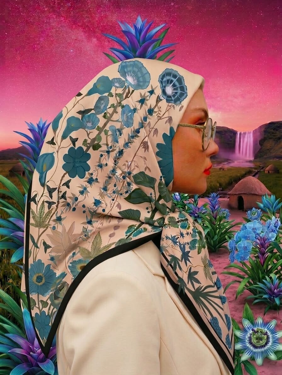 Blue Flower Square Scarf | Hand-Drawn Botanical Study of Cyan Teal & Royal Blue Gerbera Daisies Morning Glories Bell Calla Lilies Grape Hyacinth Buds Blue Berries Monstera & Serrated Leaves on Cream with Black & Brown DARO Frame | Nature Therapy Calm Peaceful Elegant Gift Quiet Luxury Old Money Bawal Eksklusif Tudung Seni 1 of 1 Human Made Luxury Resort Scarf 2026 by Kurt Wollton DARO Studio