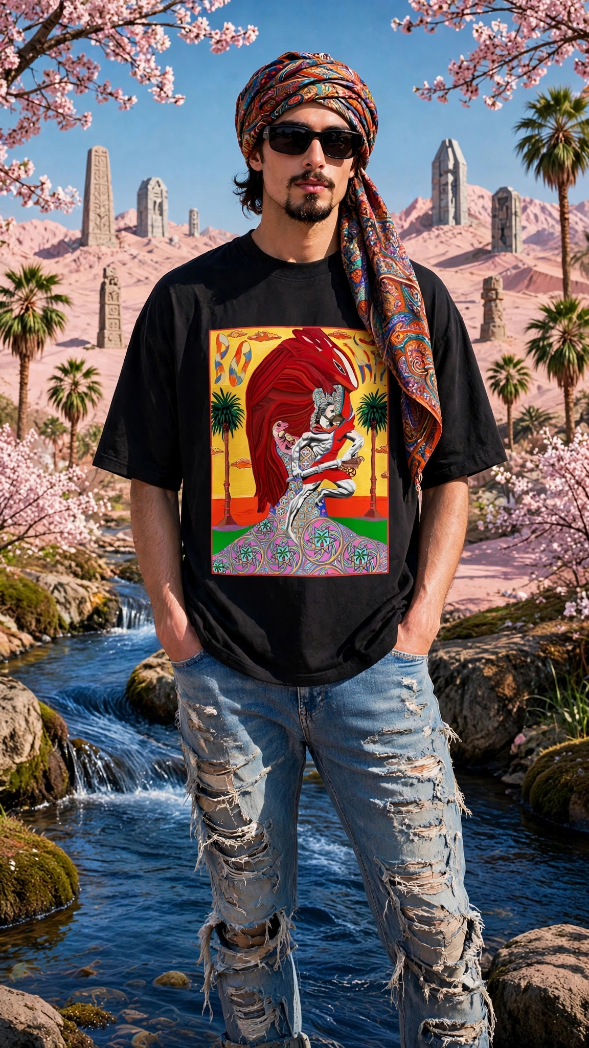 David Bowie 2023 Original Artwork & Tee | Hand-Drawn Classical Marble Statue Runner in Red Toga Holding Falcon-Headed Key Staff Beneath Red Swirling Beast Over Moorish Quatrefoil Tile & Star Mandala Architecture Base Framed by Date Palms Red Sea & BOWIE Lettering | Bold Rebel Mythology Vintage Pop Art Collector Piece by Kurt Wollton DARO Studio