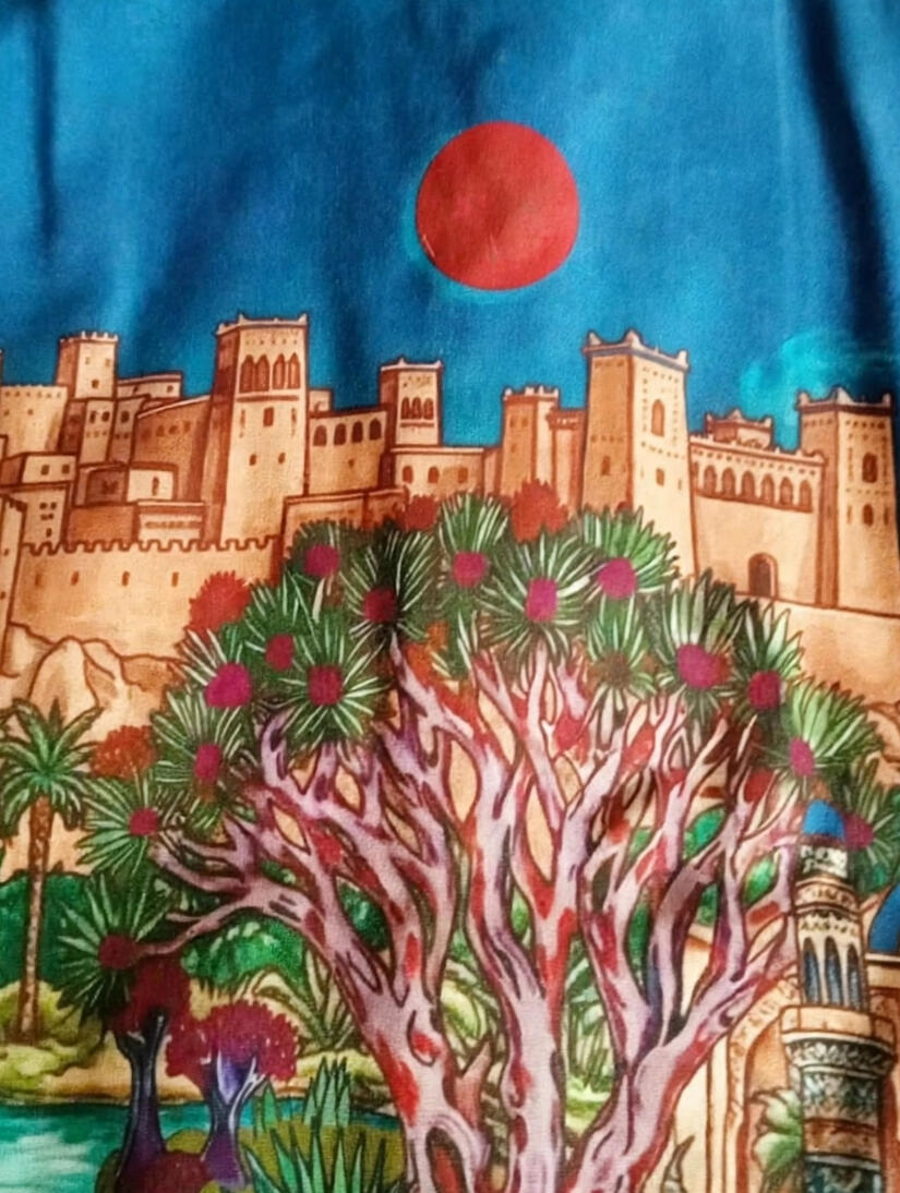 DARO Casbah Resort Shirt | Hand-Drawn Old City Kasbah Walled Citadel Fortress Architecture Islamic Domes Minarets Desert Sand Dune Padang Pasir Turquoise Oasis Waterfall Socotra Dragon Blood Tree Shisha Hookah Teapot Butterflies Succulents Checkered Border | Vintage Classic Heritage Timeless Storytelling Wearable Art Quiet Luxury Old Money Camp Collar Resort Shirt 1 of 1 Human Made Wearable Art 2026 by Kurt Wollton DARO Studio