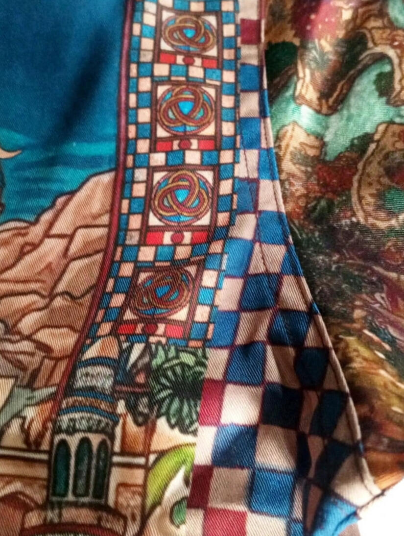 DARO Casbah Resort Shirt | Hand-Drawn Old City Kasbah Walled Citadel Fortress Architecture Islamic Domes Minarets Desert Sand Dune Padang Pasir Turquoise Oasis Waterfall Socotra Dragon Blood Tree Shisha Hookah Teapot Butterflies Succulents Checkered Border | Vintage Classic Heritage Timeless Storytelling Wearable Art Quiet Luxury Old Money Camp Collar Resort Shirt 1 of 1 Human Made Wearable Art 2026 by Kurt Wollton DARO Studio