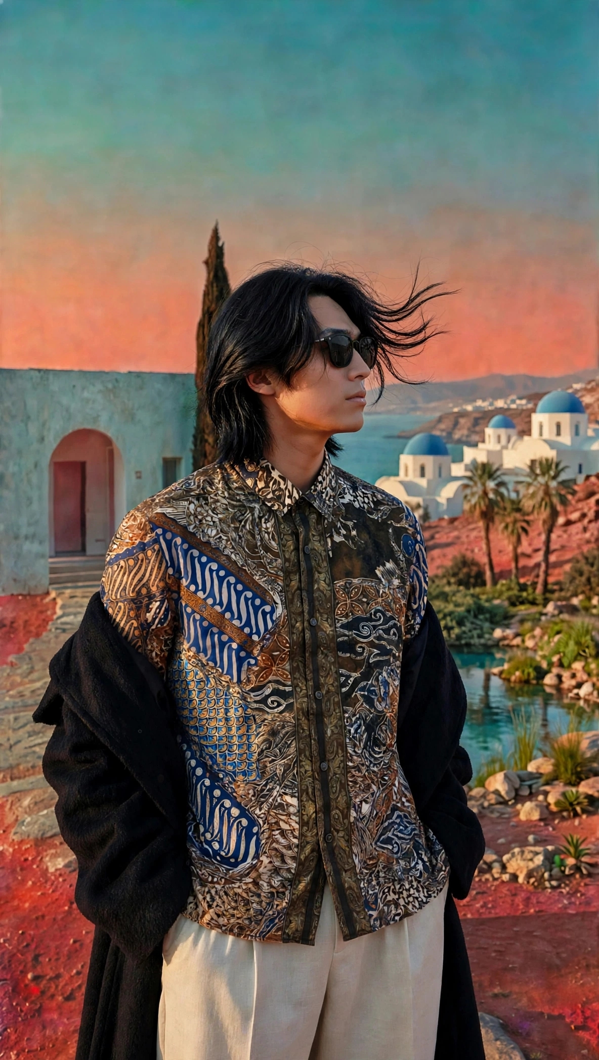 Crest of Jormungandr Resort Shirt | Hand-Drawn World Serpent Mythology Batik Parang Diagonal Waves Megamendung Clouds Kawung Floral Paisley Filigree Scales & Old City Architecture in Royal Blue Indigo Olive Gold | Bold Edgy Rebel Fearless Statement Piece Wearable Art Quiet Luxury Old Money Indie Vanguard Camp Collar Resort Shirt 1 of 1 Human Made Wearable Art 2026 by Kurt Wollton DARO Studio