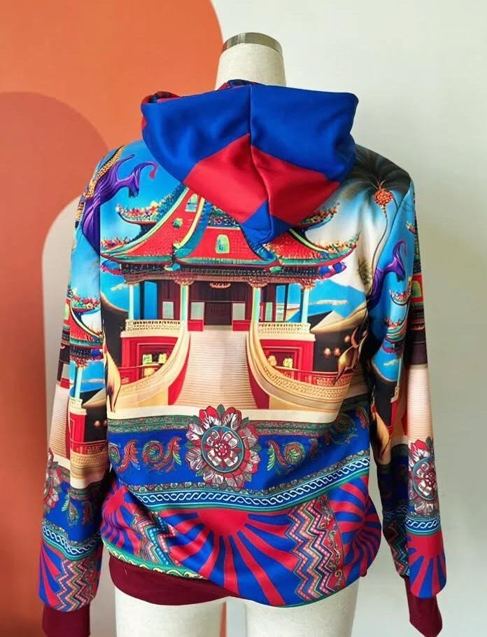 Custom Temple Gate Hoodie | Hand-Drawn East Asian Pagoda Temple Gate Architecture Grand Gold Staircase Snow-Capped Mountain Kanji Four Crest Red & Purple Dragons Lotus Mandala Rising Sunburst & Greek Key Border | Bold Fearless Mythology Storytelling Wearable Art Oversized Hoodie Dopamine Dressing Indie Vanguard Glamoratti Archive Streetwear 2026 by Kurt Wollton DARO Studio