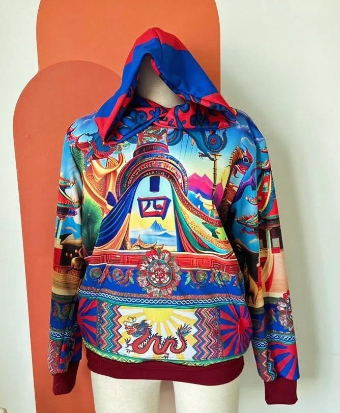 Custom Temple Gate Hoodie | Hand-Drawn East Asian Pagoda Temple Gate Architecture Grand Gold Staircase Snow-Capped Mountain Kanji Four Crest Red & Purple Dragons Lotus Mandala Rising Sunburst & Greek Key Border | Bold Fearless Mythology Storytelling Wearable Art Oversized Hoodie Dopamine Dressing Indie Vanguard Glamoratti Archive Streetwear 2026 by Kurt Wollton DARO Studio