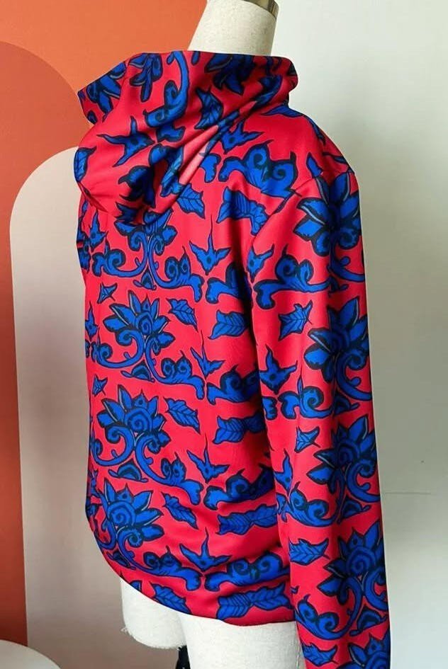Custom Temple Gate Hoodie Interior Print | Hand-Drawn Crimson Red & Royal Blue Batik Damask Floral Filigree All-Over Inside Print | One of a Kind Exclusive Custom Collector Piece Oversized Hoodie Dopamine Dressing Indie Vanguard Glamoratti Archive Streetwear 2026 by Kurt Wollton DARO Studio