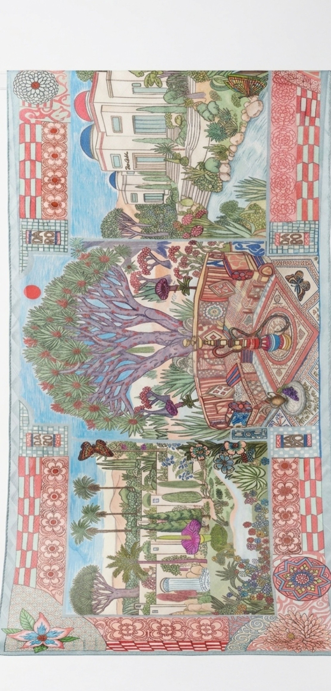 DARO Casbah Shawl | Hand-Drawn Old City Kasbah Walled Fortress Architecture Blue & Red Domes Socotra Dragon Blood Tree Courtyard Waterfall Majlis Terrace Shisha Hookah Teapot Purple Grapes Butterflies Palm & Cypress Trees Checkered Border | Vintage Classic Heritage Timeless Storytelling Art Quiet Luxury Old Money Archive Fashion 1 of 1 Human Made Luxury Resort Scarf Shawl 2026 by Kurt Wollton DARO Studio