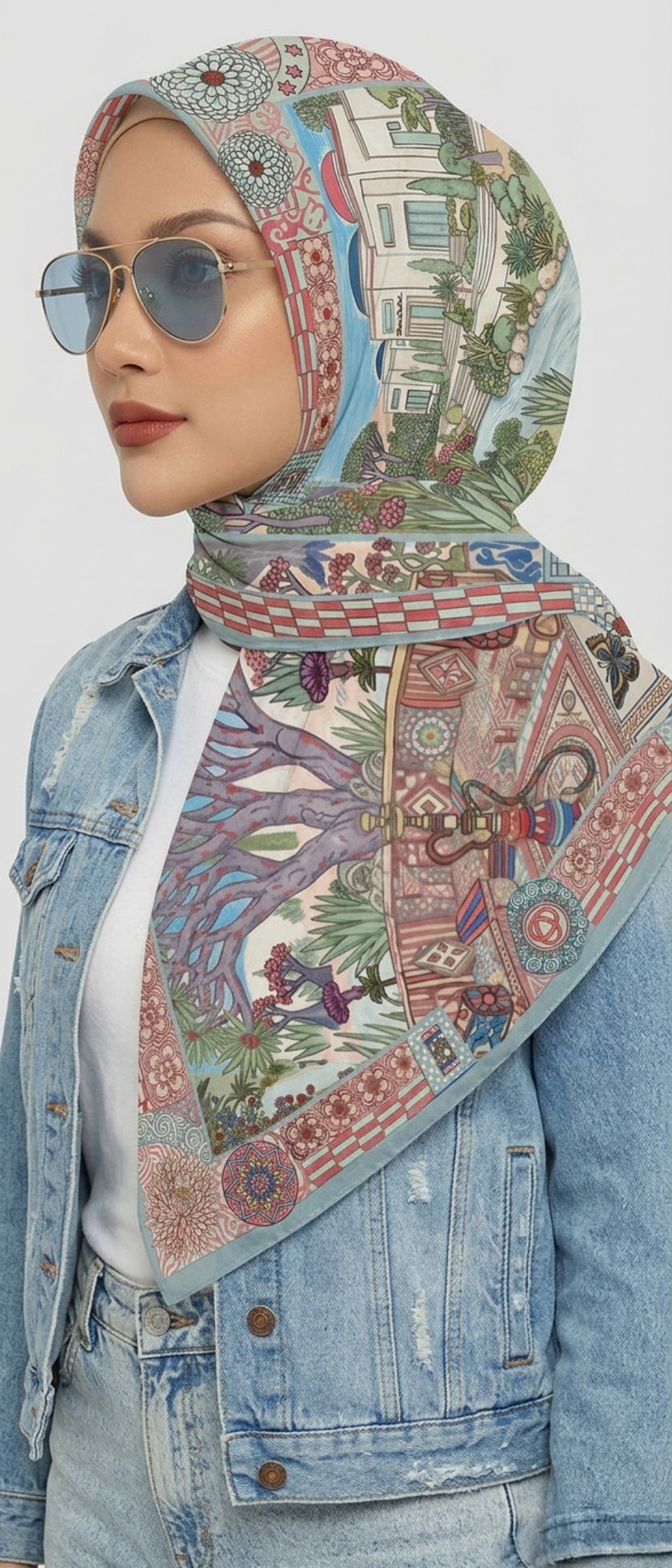 DARO Casbah Shawl | Hand-Drawn Old City Kasbah Walled Fortress Architecture Blue & Red Domes Socotra Dragon Blood Tree Courtyard Waterfall Majlis Terrace Shisha Hookah Teapot Purple Grapes Butterflies Palm & Cypress Trees Checkered Border | Vintage Classic Heritage Timeless Storytelling Art Quiet Luxury Old Money Archive Fashion 1 of 1 Human Made Luxury Resort Scarf Shawl 2026 by Kurt Wollton DARO Studio