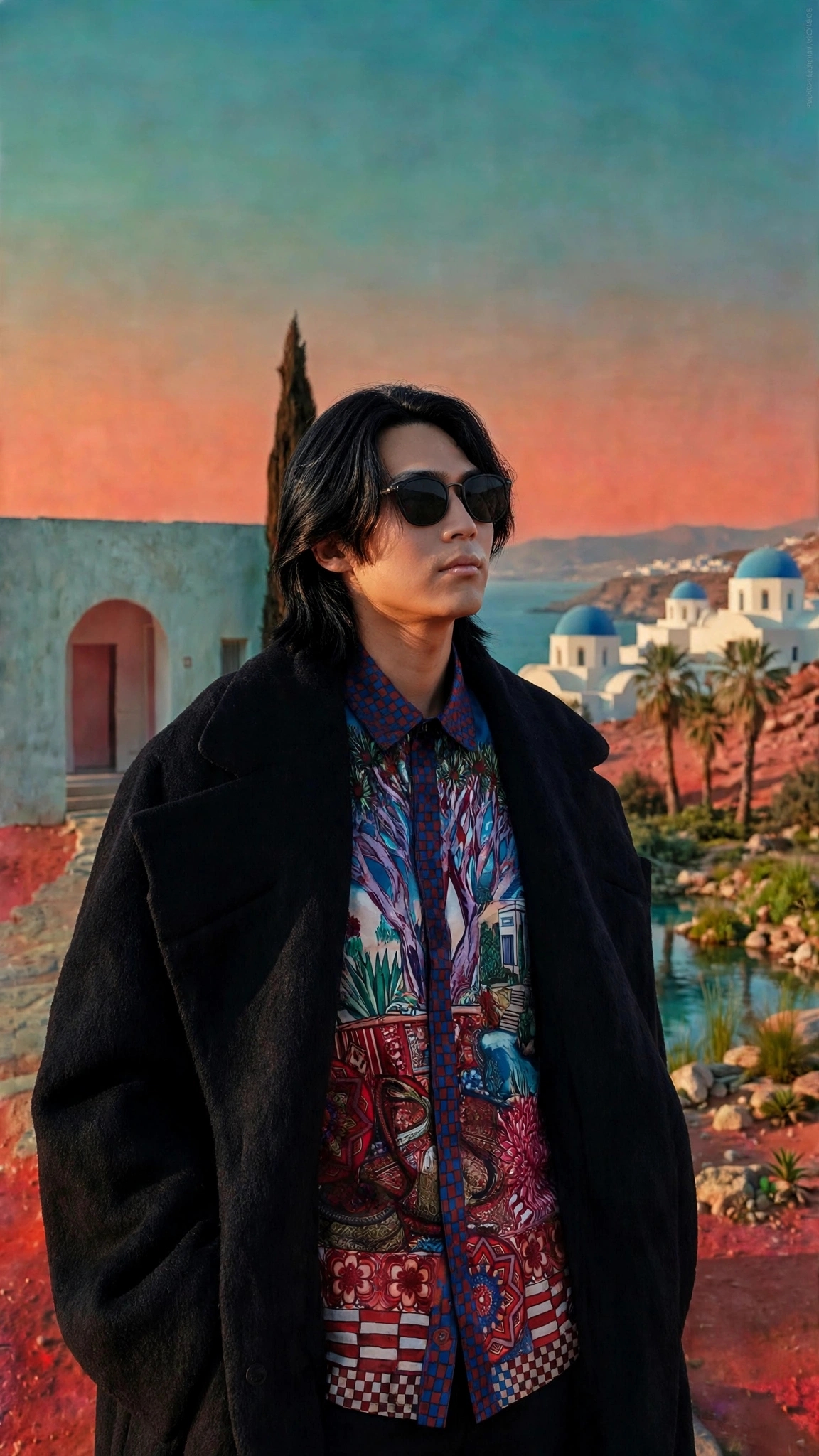 DARO Casbah Resort Shirt | Hand-Drawn Old City Kasbah Walled Citadel Fortress Architecture Islamic Domes Minarets Desert Sand Dune Padang Pasir Turquoise Oasis Waterfall Socotra Dragon Blood Tree Shisha Hookah Teapot Butterflies Succulents Checkered Border | Vintage Classic Heritage Timeless Storytelling Wearable Art Quiet Luxury Old Money Camp Collar Resort Shirt 1 of 1 Human Made Wearable Art 2026 by Kurt Wollton DARO Studio
