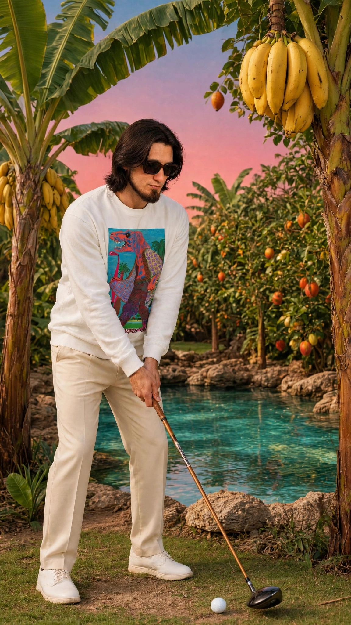 Golf Rex Sweatshirt | Hand-Drawn Pink T-Rex Dinosaur Playing Golf in Patterned Kimono Robe Under Tropical Palms & Erupting Volcanoes PEACEFULGROOVEZ in Banana & Citrus Orchard Lookbook | Surreal Weird Art Fantasy Unique Wear Something Different Luxury Resort Indie Vanguard Dopamine Dressing Heavyweight Archive Streetwear 2026 by Kurt Wollton DARO Studio