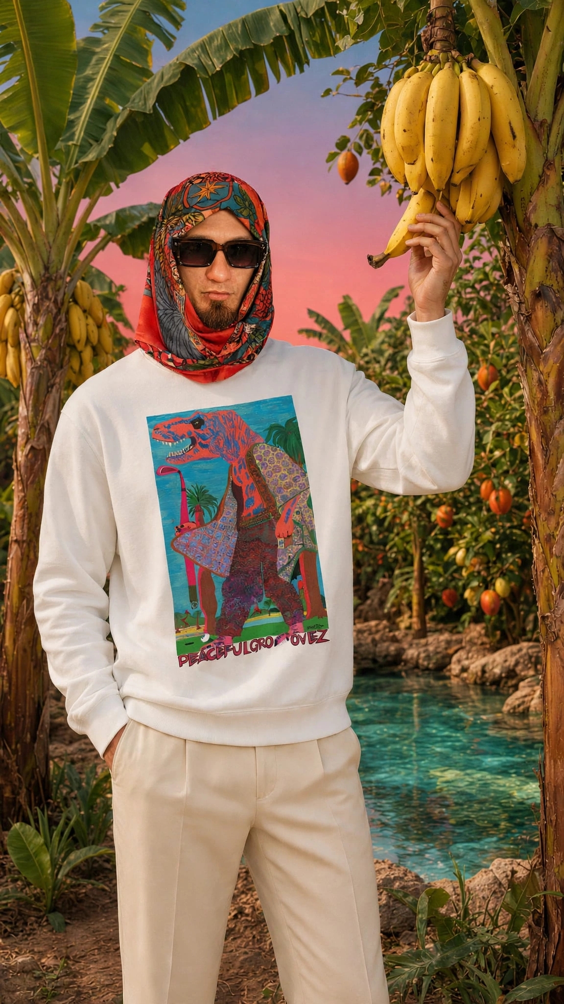 Golf Rex Sweatshirt | Hand-Drawn Pink T-Rex Dinosaur Playing Golf in Patterned Kimono Robe Under Tropical Palms & Erupting Volcanoes PEACEFULGROOVEZ in Banana & Citrus Orchard Lookbook | Surreal Weird Art Fantasy Unique Wear Something Different Luxury Resort Indie Vanguard Dopamine Dressing Heavyweight Archive Streetwear 2026 by Kurt Wollton DARO Studio