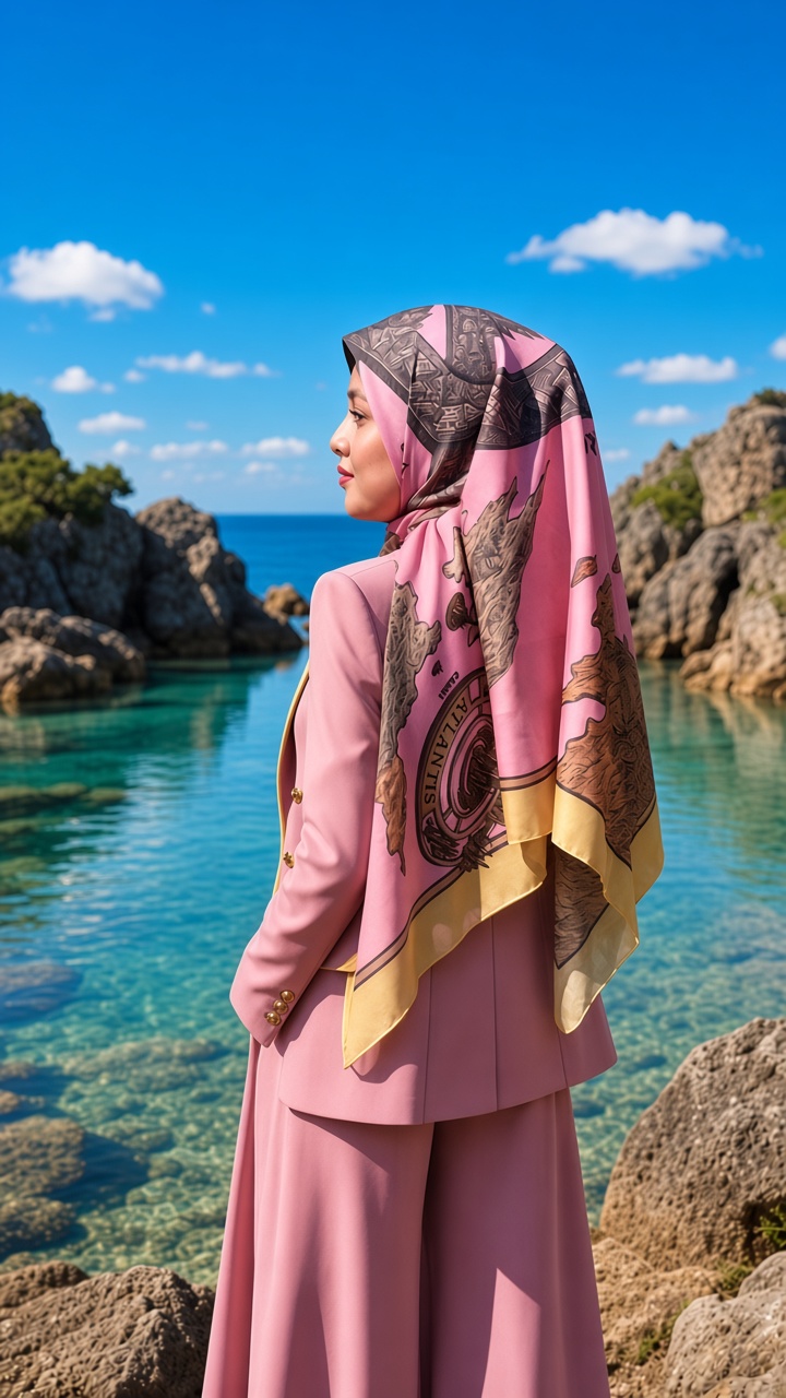 Map Infinita Scarf & Shawl | Hand-Drawn Terra Infinita Antique World Map with Central DARO Trefoil Knot Floating Old City Dome Architecture Hidden Continents Malaya Crescent Moon Atlantis Canal Lemuria Nephralis Ironisanctum Qazhaal Dune Sand Padang Pasir Dravinthar Valkynreach Compass Rose Galleon Ships & Icy Horizon Penguin Lore in Ocean Blue & Rose Pink | Surreal Fantasy Hidden Detail Storytelling Art Quiet Luxury Old Money Bawal Eksklusif Tudung Seni 1 of 1 Human Made Luxury Resort Scarf 2026 by Kurt Wollton DARO Studio