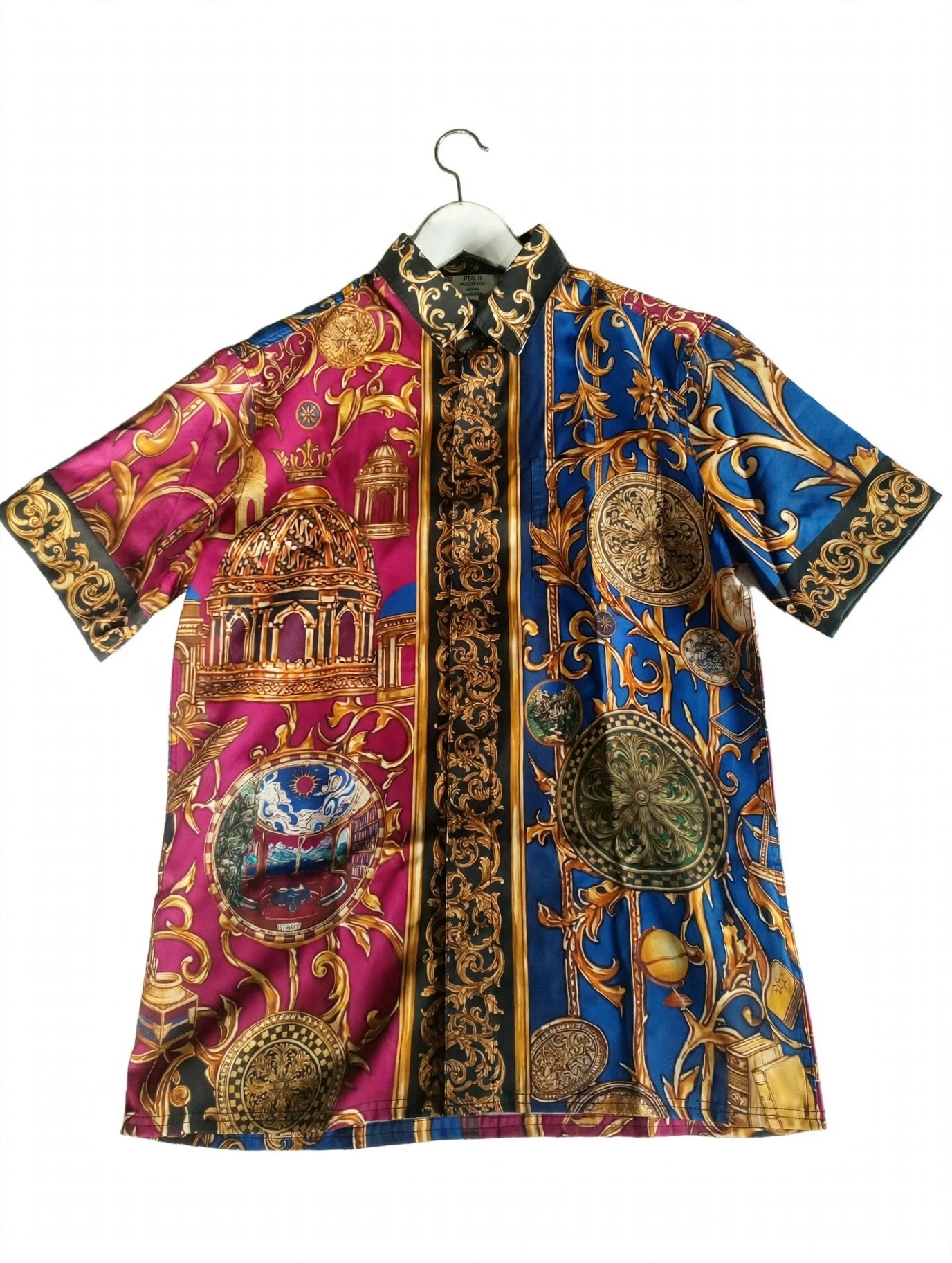 DARO Nemophilist Resort Shirt | Hand-Drawn Golden Glasshouse Dome Conservatory Dome Moorish & Baroque Architecture Classical Columns Acanthus Filigree Terrestrial Globe Antique Books Celestial Sun & Crescent Moon Medallions Sunken Lounge & Checkered Curtain in Royal Blue Magenta Gold | Rare Collector Piece Quiet Luxury Old Money Camp Collar Resort Shirt 1 of 1 Human Made Wearable Art 2026 by Kurt Wollton DARO Studio