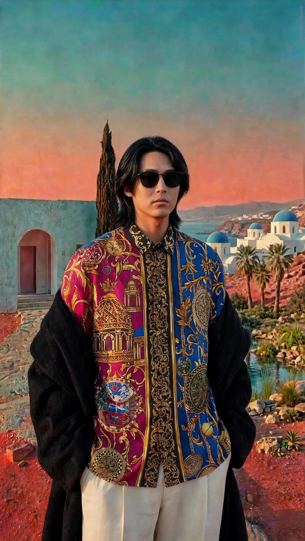 DARO Nemophilist Resort Shirt | Hand-Drawn Golden Glasshouse Dome Conservatory Dome Moorish & Baroque Architecture Classical Columns Acanthus Filigree Terrestrial Globe Antique Books Celestial Sun & Crescent Moon Medallions Sunken Lounge & Checkered Curtain in Royal Blue Magenta Gold | Rare Collector Piece Quiet Luxury Old Money Camp Collar Resort Shirt 1 of 1 Human Made Wearable Art 2026 by Kurt Wollton DARO Studio
