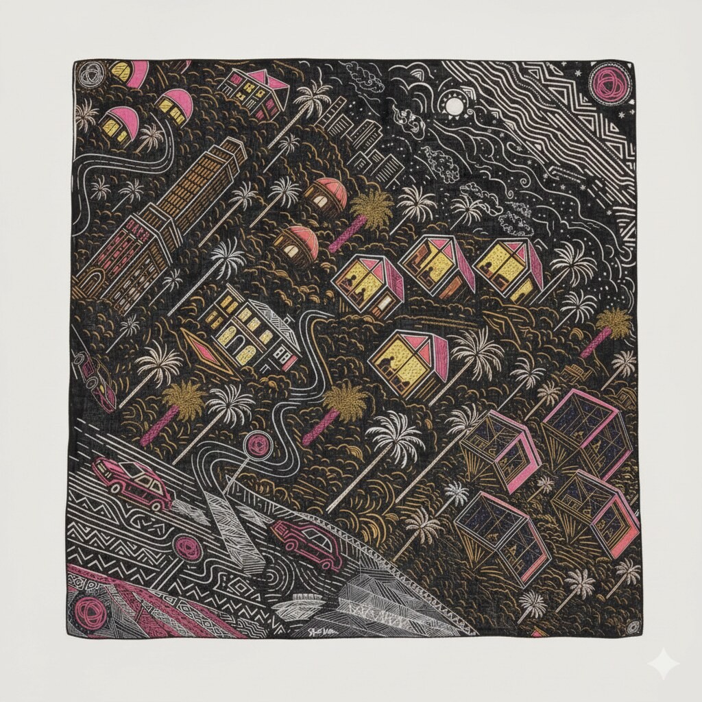 Daro Street Square Scarf | Hand-Drawn Night City Street Architecture Glowing Yellow Windows Pink-Roof A-Frame Cottages Colonial Pillars Modern Skyscrapers Pink Domes Winding White Roads Vintage Pink & Red Sedan Cars Golden Palm Trees Crescent Moon & Chevron Borders on Black | Urban Street Architecture Nostalgia Storytelling Wearable Art Scarf by Kurt Wollton DARO Studio
