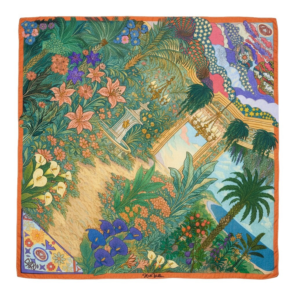 Eden Garden Square Scarf | Hand-Drawn Secret Sanctuary Botanical Garden White Stone Fountain Golden Archway Two Hanging Golden Chandeliers Pink & White Calla Lilies Bluebell Flowers Tropical Palm Coastline Pink Clouds & Interlocking Rings in Burnt Orange Border | Secret Garden Nature Therapy Escape Calm Peaceful Quiet Luxury Old Money Bawal Eksklusif Tudung Seni 1 of 1 Human Made Luxury Resort Scarf 2026 by Kurt Wollton DARO Studio