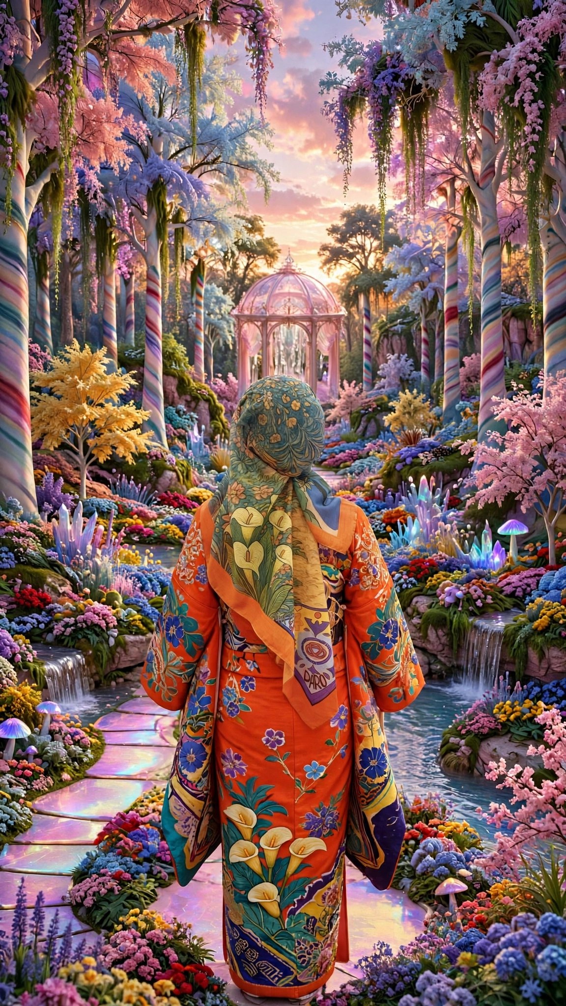 Eden Garden Square Scarf Lookbook | Hand-Drawn Secret Sanctuary Botanical Garden Orange Floral Kimono Scarf Worn on Stone Path Pink Gazebo Waterfalls Mossy Trees Lilies Bluebells Tropical Resort Escape Calm Peaceful Sanctuary Quiet Luxury Old Money 1 of 1 Human Made Wearable Art by Kurt Wollton DARO Studio