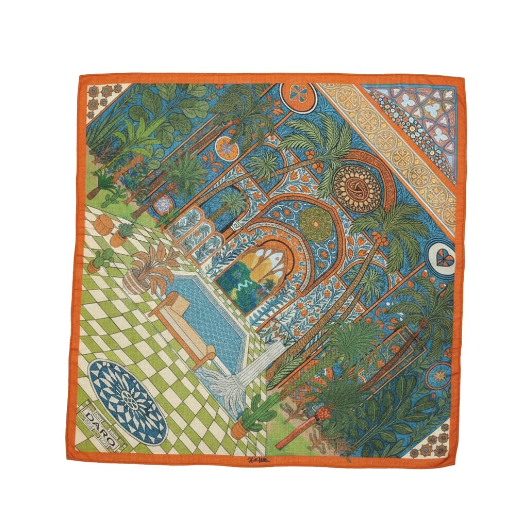 Escape Moorish Square Scarf | Hand-Drawn Moorish Riad Palace Architecture Pointed Zellige Tile Arches Green & White Checkered Patio Turquoise Courtyard Swimming Pool Lounge Chair Fruiting Date Palms Potted Cacti & DARO EST 2021 Plaque in Burnt Orange Border | Escape Calm Peaceful Sanctuary Oasis Quiet Luxury Old Money Bawal Eksklusif Tudung Seni 1 of 1 Human Made Luxury Resort Scarf 2026 by Kurt Wollton DARO Studio