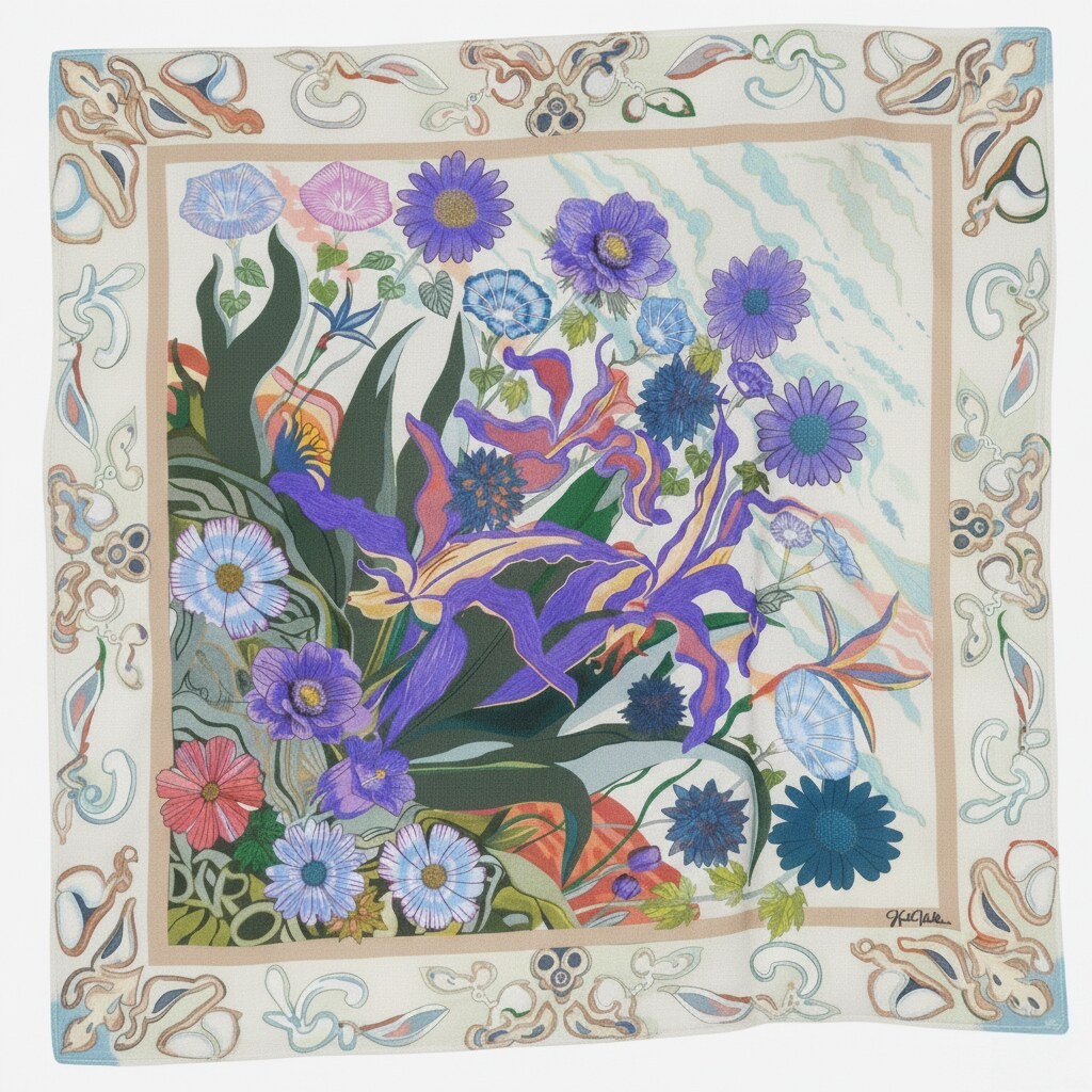Flower Blossom Don't Cry Square Scarf | Hand-Drawn Bouquet of Purple & Blue Irises Lavender Daisies Orange & Blue Bird of Paradise Strelitzia Pink Morning Glories & Spiky Thistles on Cream with Baroque Rococo Scrollwork Border | Calm Peaceful Resilient Spirit Special Gift Wearable Art Scarf by Kurt Wollton DARO Studio