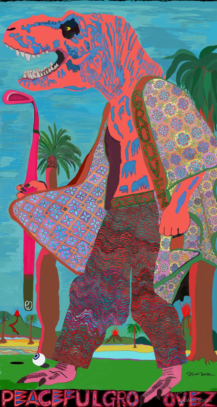 Golf Rex 2024 Original Artwork | Hand-Drawn Pink & Blue Flame-Patterned T-Rex Dinosaur Golfer Wearing GROOVY Floral Kimono Robe & Psychedelic Trousers Holding Pink Golf Club Next to Eyeball Golf Ball Under Tropical Palms Turquoise Water & Erupting Volcanoes PEACEFULGROOVEZ | Surreal Weird Art Fantasy Humor Standout Collector Piece by Kurt Wollton DARO Studio
