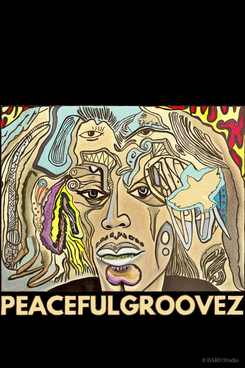 Hendrix Dream Original Artwork | Hand-Drawn Psychedelic Surrealist Portrait with Third Eye Multi-Eyed Topographic Contour Lines White Peace Dove in Flight Peace Symbols Melting Colour Waves & PEACEFULGROOVEZ Typography | Surreal Optical Illusion Hidden Detail Vintage Music Tribute Art by Kurt Wollton DARO Studio
