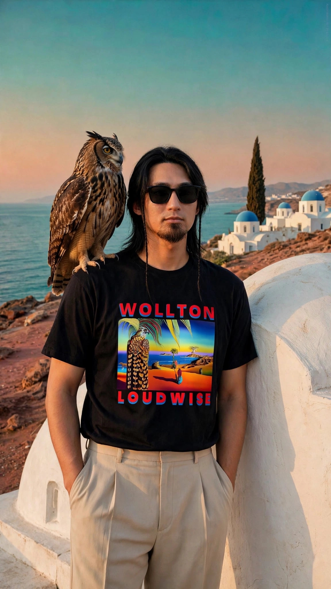Home Collection 2022 Tee Lookbook | Hand-Drawn Surrealist Falcon Hawk Deity in Palm-Frond Headdress & Gold Scale Beetle Cloak on Orange Desert Sand Dunes Padang Pasir with White Palm Pavilion Resort Architecture & WOLLTON LOUDWISE Text Worn with Live Eagle Owl in Santorini | Surreal Mythology Luxury Resort Wear Indie Vanguard Dopamine Dressing Heavyweight Archive Streetwear 2026 by Kurt Wollton DARO Studio