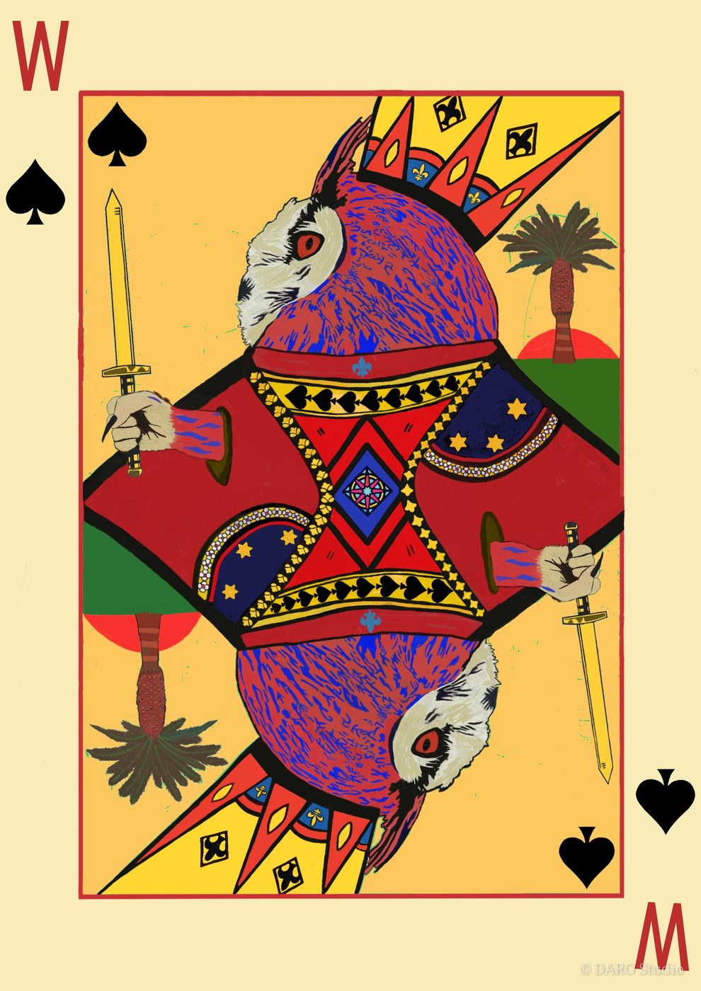 King Original Artwork | Hand-Drawn Symmetrical Two-Headed Great Horned Owl Playing Card King Wearing Gold Fleur-de-Lis Crown Holding Golden Swords with W & M Spades Star Compass Chest Emblem & Tropical Sunset Palm Trees | Surreal Mythology Royal Collector Piece Art by Kurt Wollton DARO Studio
