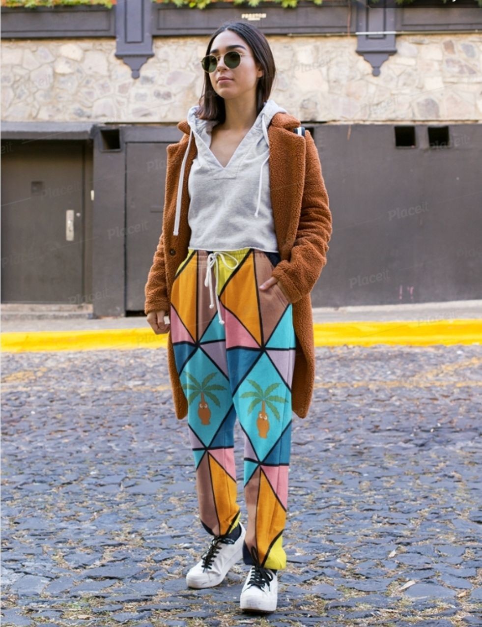 LA Collection Streetwear Hoodie & Joggers Set | Hand-Drawn Stained-Glass Geometric Mosaic Triangles Palm Tree in Terracotta Amphora Vase with Face & Pink Desert Sand Dune Padang Pasir Euphoria UFO Spaceships Lookbook | Bold Edgy Rebel Streetwear Unique One of a Kind Wearable Art by Kurt Wollton DARO Studio