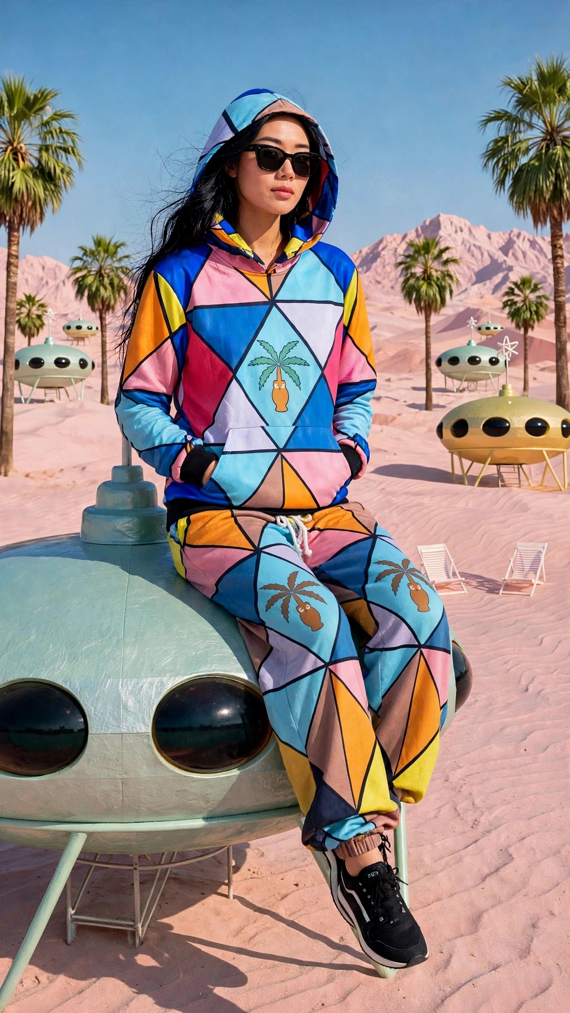 LA Collection Streetwear Hoodie & Joggers Set | Hand-Drawn Stained-Glass Geometric Mosaic Triangles Palm Tree in Terracotta Amphora Vase with Face & Pink Desert Sand Dune Padang Pasir Euphoria UFO Spaceships Lookbook | Bold Edgy Rebel Streetwear Unique One of a Kind Wearable Art by Kurt Wollton DARO Studio