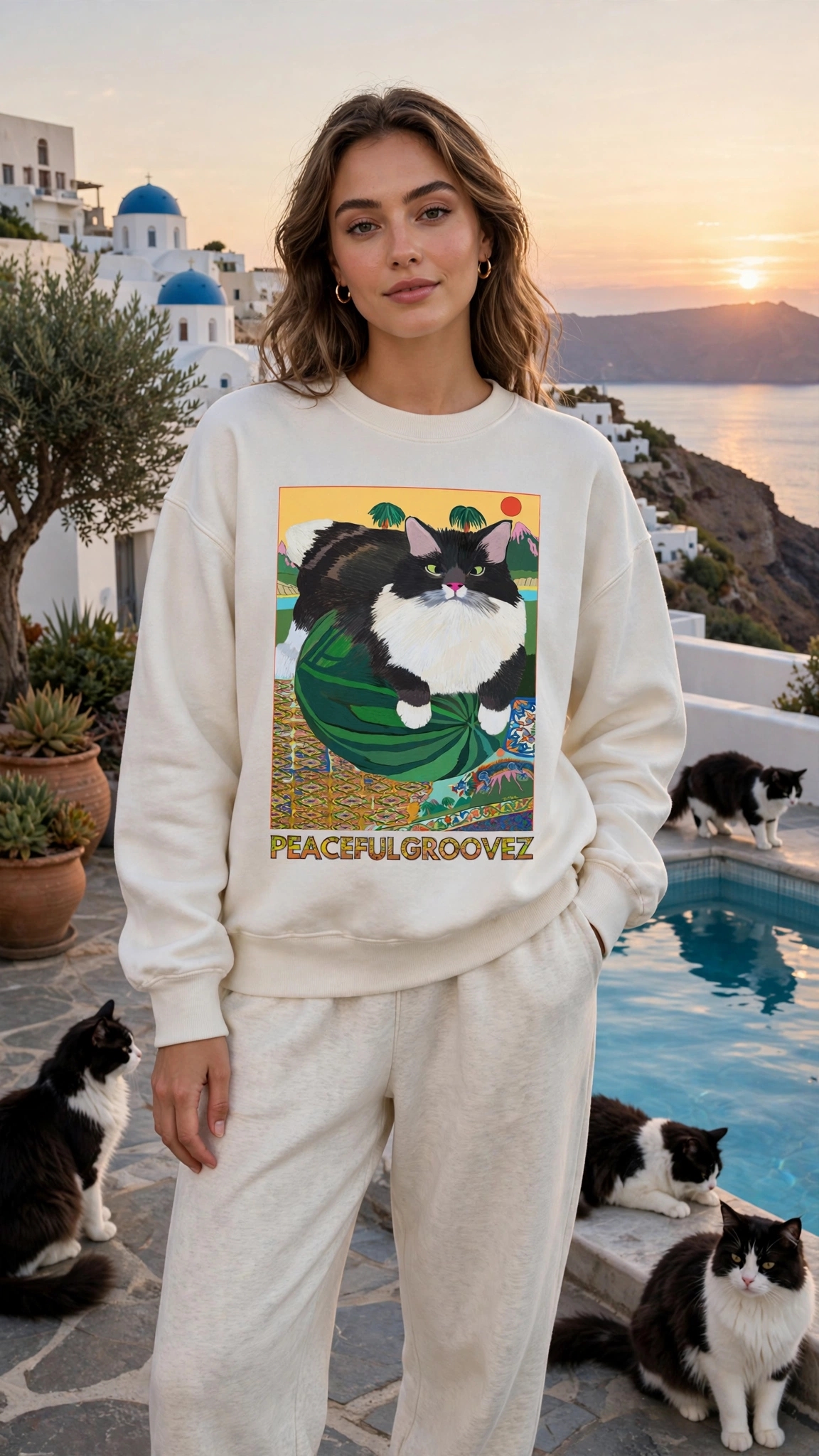 Last Watermelon Cat Groove Sweatshirt | Hand-Drawn Black & White Tuxedo Cat with Green Eyes Sitting on Giant Watermelon with Tropical Palms Pink Mountains Red Sun Moroccan Tile Floor & PEACEFULGROOVEZ Lettering | Surreal Weird Art Fantasy Unique Not Boring Standout Indie Vanguard Dopamine Dressing Heavyweight Archive Streetwear 2026 by Kurt Wollton DARO Studio