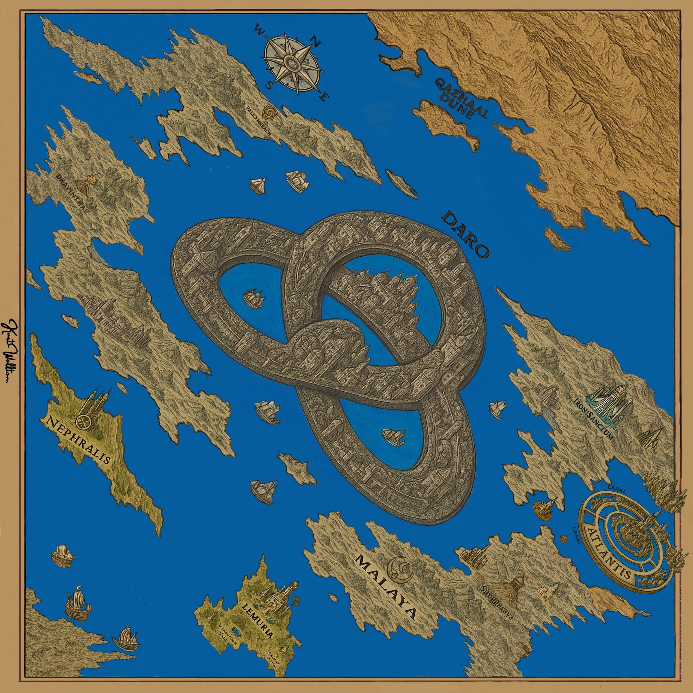 Map Infinita Scarf & Shawl | Hand-Drawn Terra Infinita Antique World Map with Central DARO Trefoil Knot Floating Old City Dome Architecture Hidden Continents Malaya Crescent Moon Atlantis Canal Lemuria Nephralis Ironisanctum Qazhaal Dune Sand Padang Pasir Dravinthar Valkynreach Compass Rose Galleon Ships & Icy Horizon Penguin Lore in Ocean Blue & Rose Pink | Surreal Fantasy Hidden Detail Storytelling Art Quiet Luxury Old Money Bawal Eksklusif Tudung Seni 1 of 1 Human Made Luxury Resort Scarf 2026 by Kurt Wollton DARO Studio