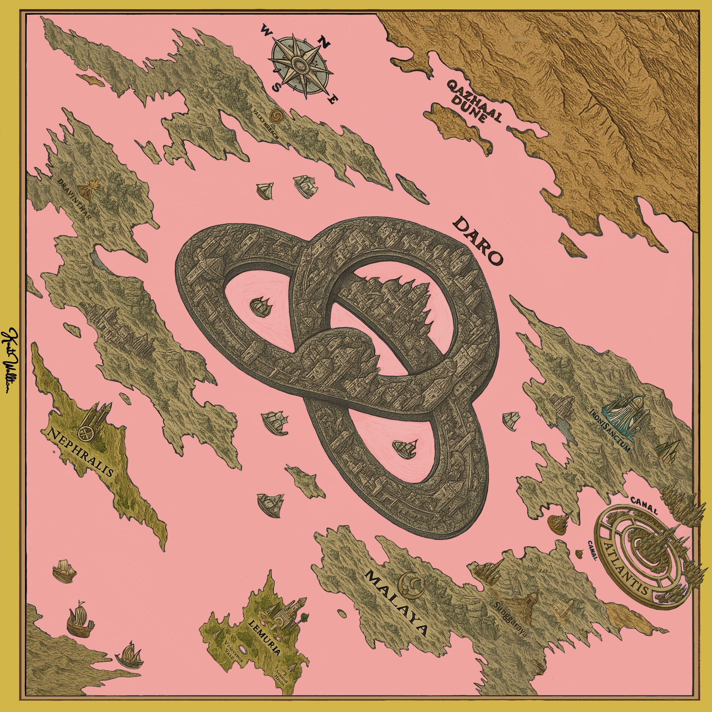 Map Infinita Scarf & Shawl | Hand-Drawn Terra Infinita Antique World Map with Central DARO Trefoil Knot Floating Old City Dome Architecture Hidden Continents Malaya Crescent Moon Atlantis Canal Lemuria Nephralis Ironisanctum Qazhaal Dune Sand Padang Pasir Dravinthar Valkynreach Compass Rose Galleon Ships & Icy Horizon Penguin Lore in Ocean Blue & Rose Pink | Surreal Fantasy Hidden Detail Storytelling Art Quiet Luxury Old Money Bawal Eksklusif Tudung Seni 1 of 1 Human Made Luxury Resort Scarf 2026 by Kurt Wollton DARO Studio