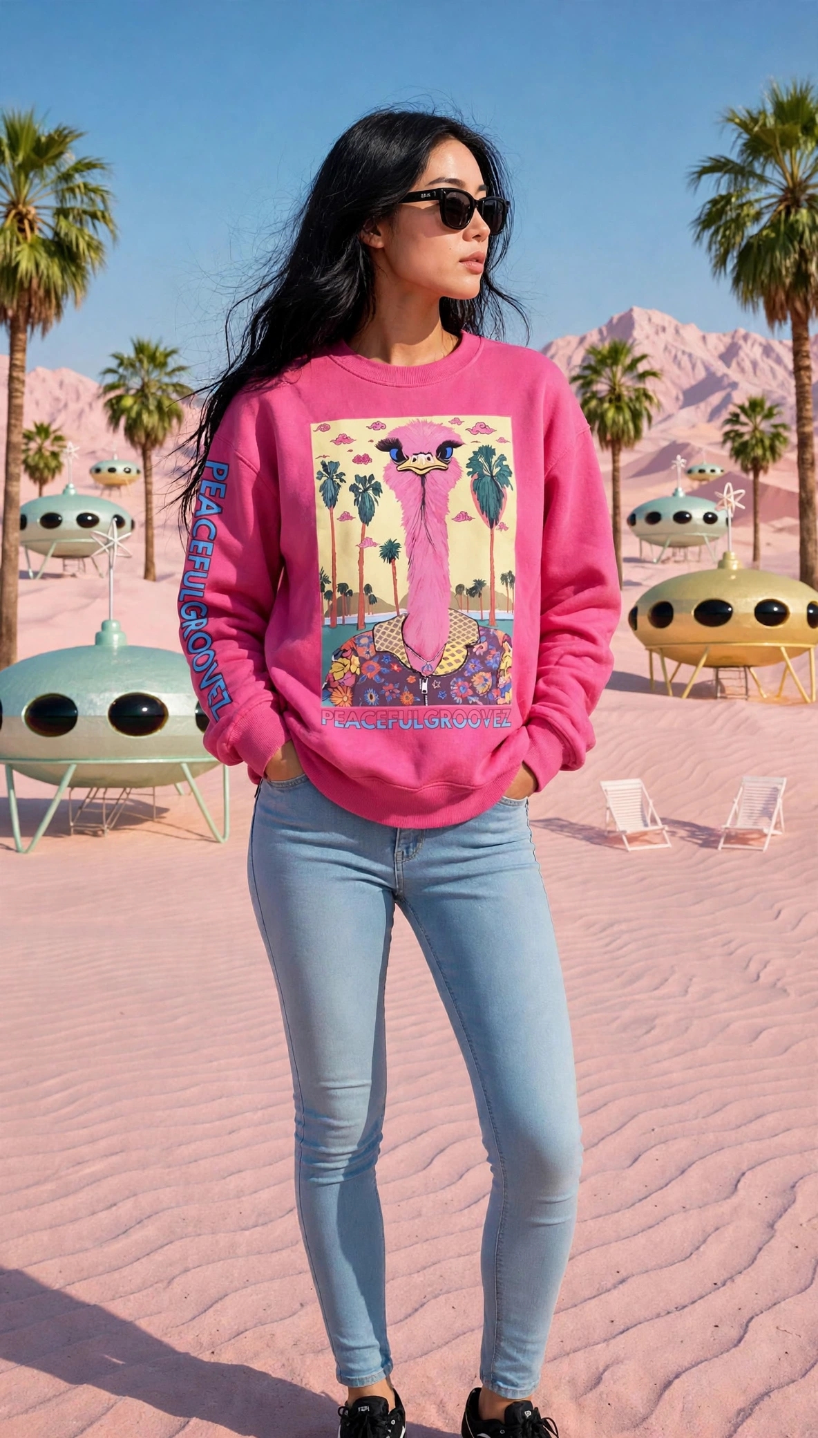 Ostrich Groove Sweatshirt | Hand-Drawn Pink Ostrich with Blue Eyes & Long Eyelashes Wearing Navy Floral Bomber Jacket Yellow Checkered Collar & Silver Peace Sign Necklace Under Tropical Palms Red Sun & Pink Swirling Clouds with PEACEFULGROOVEZ Sleeve Print | Surreal Weird Art Unique Standout Anti Mainstream Indie Vanguard Dopamine Dressing Heavyweight Archive Streetwear 2026 by Kurt Wollton DARO Studio