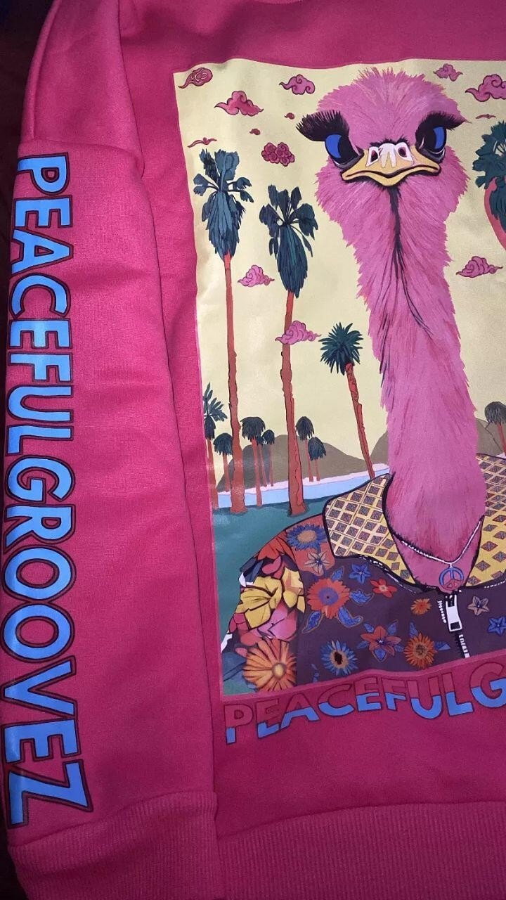 Ostrich Groove Sweatshirt | Hand-Drawn Pink Ostrich with Blue Eyes & Long Eyelashes Wearing Navy Floral Bomber Jacket Yellow Checkered Collar & Silver Peace Sign Necklace Under Tropical Palms Red Sun & Pink Swirling Clouds with PEACEFULGROOVEZ Sleeve Print | Surreal Weird Art Unique Standout Anti Mainstream Indie Vanguard Dopamine Dressing Heavyweight Archive Streetwear 2026 by Kurt Wollton DARO Studio