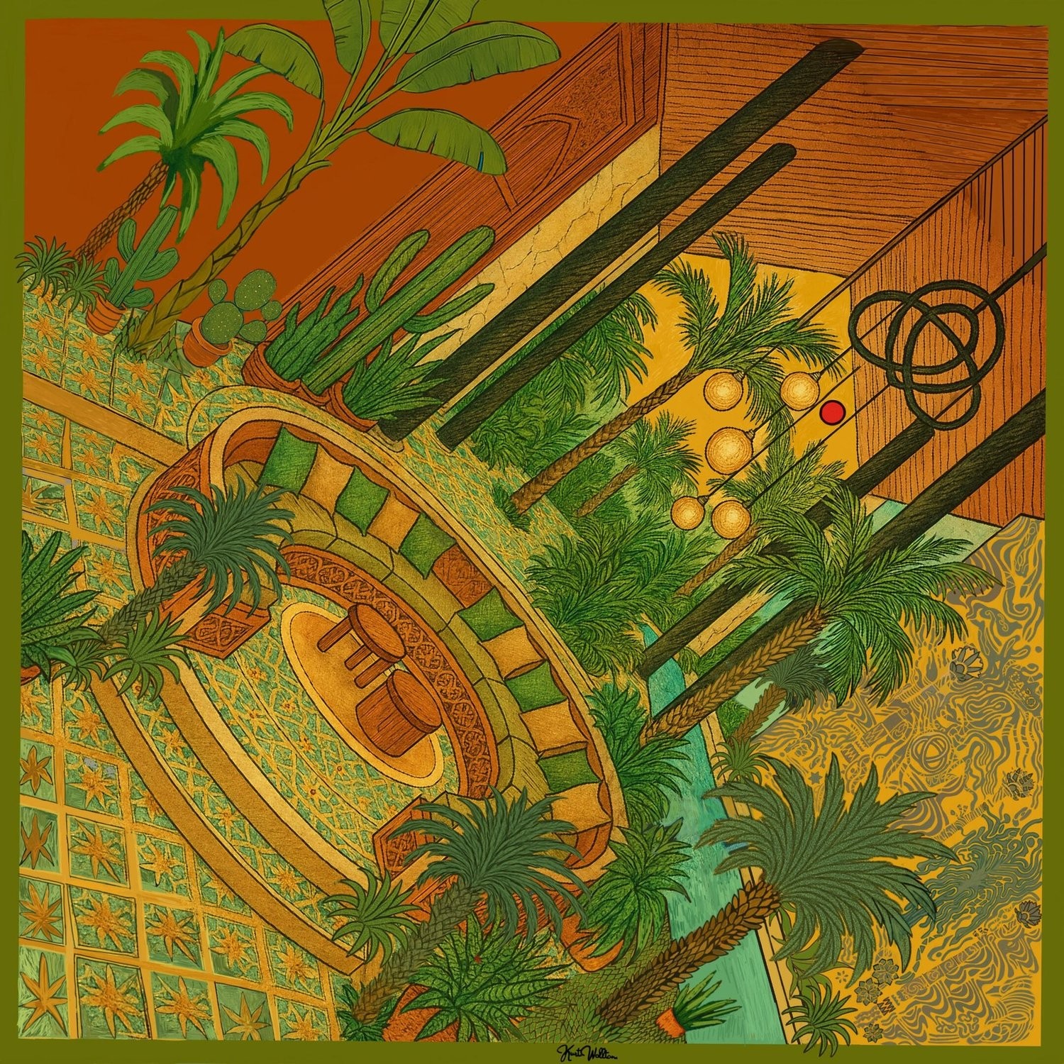 Palm Lounge Square Scarf | Hand-Drawn Fisheye Moroccan Courtyard Resort Architecture Curved Sunken Banquette Sofa Wooden Drum Tables Turquoise Pool Geometric Star Tiles Yellow & Red Globe Pendant Lights Borromean Triple Rings Mashrabiya Screen Date Palms Coconut Palms Fan Palms Royal Palms Areca & Washingtonia Palms & Cacti in Olive Border | Palm Lounge Resort Vibe Escape Calm Oasis Quiet Luxury Old Money Bawal Eksklusif Tudung Seni 1 of 1 Human Made Luxury Resort Scarf 2026 by Kurt Wollton DARO Studio