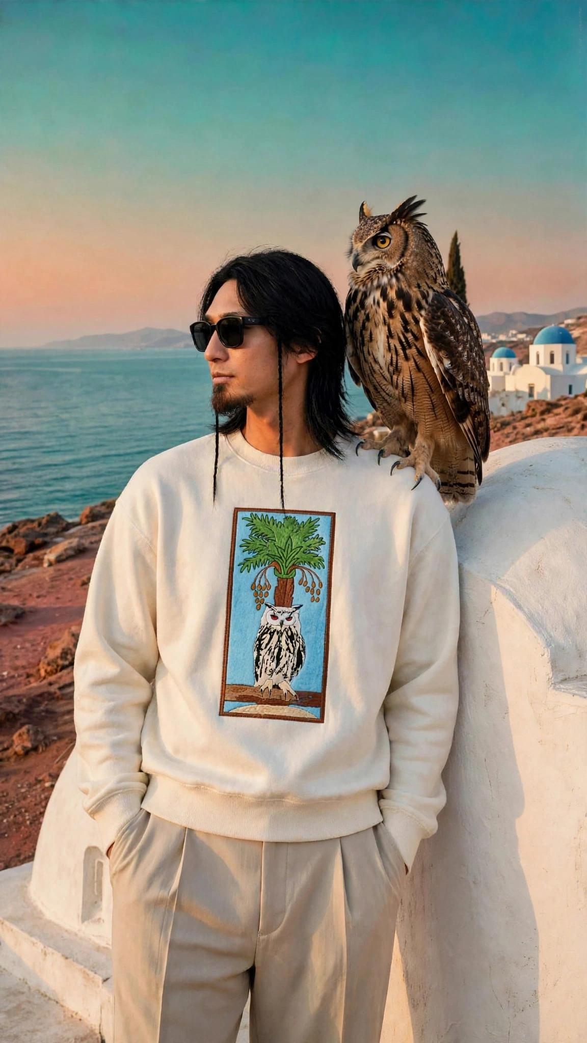 Palm Owl Embroidered Sweatshirt | Hand-Drawn Black & White Owl with Glowing Red Eyes Perched Under Fruiting Date Palm Tree Coconut Palm Fan Palm & Royal Palm in Dense Chest Embroidery with Live Great Horned Owl in Santorini Blue Domes Lookbook | Unique Rare Collector Piece Standout Luxury Indie Vanguard Dopamine Dressing Heavyweight Archive Streetwear 2026 by Kurt Wollton DARO Studio