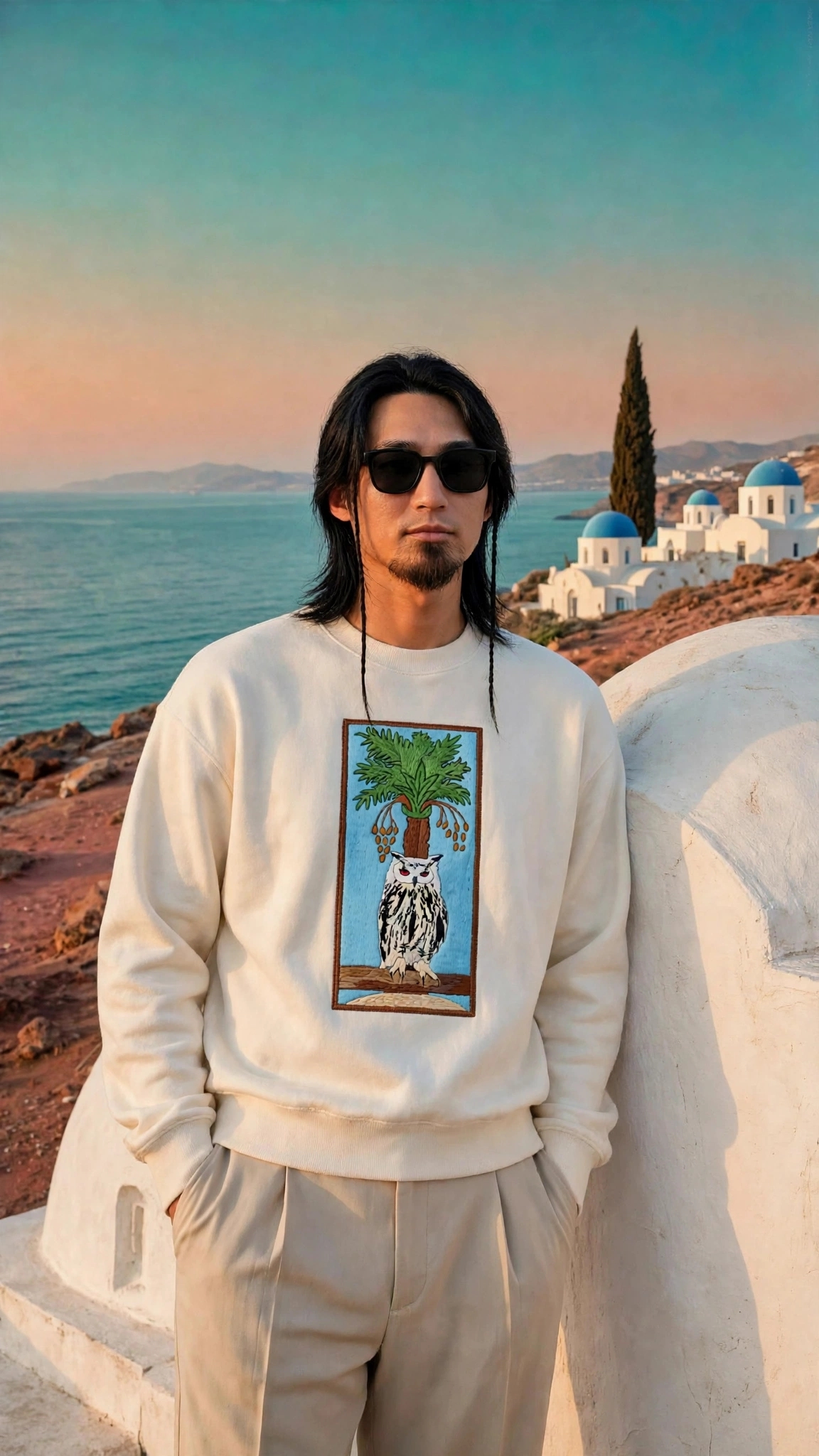 Palm Owl Embroidered Sweatshirt | Hand-Drawn Black & White Owl with Glowing Red Eyes Perched Under Fruiting Date Palm Tree Coconut Palm Fan Palm & Royal Palm in Dense Chest Embroidery with Live Great Horned Owl in Santorini Blue Domes Lookbook | Unique Rare Collector Piece Standout Luxury Indie Vanguard Dopamine Dressing Heavyweight Archive Streetwear 2026 by Kurt Wollton DARO Studio