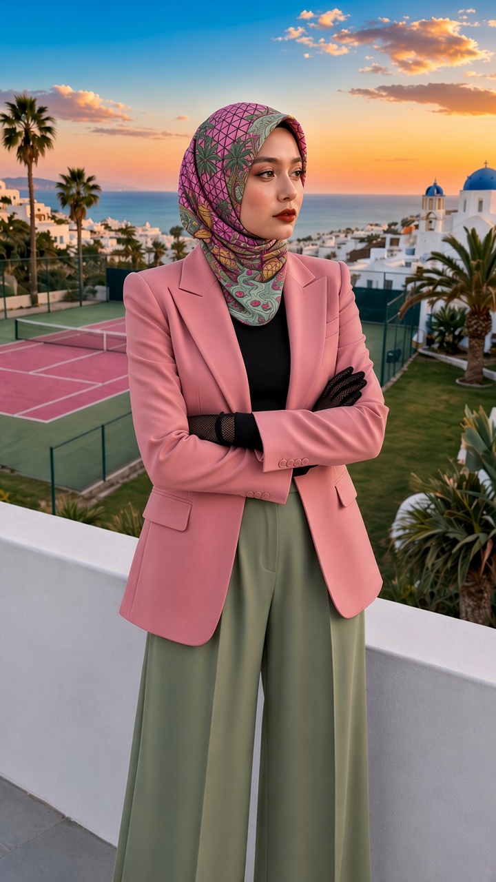 PalmoDonean Shawl & Scarf | Hand-Drawn Pink Geodesic Glasshouse Dome Botanical Conservatory Dome Yellow Spherical Treehouse Cottages on Magenta Stilts Purple Triquetra Urns Desert Date Palms Coconut Palms Fan Palms Royal Palms Bismarck & Traveller Palms Agave Succulents & River with Pink Water Lilies | Dome Cottage Architecture Escape Sanctuary Luxury Resort Wear Shawl by Kurt Wollton DARO Studio
