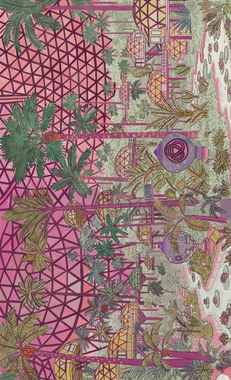 PalmoDonean Shawl & Scarf | Hand-Drawn Pink Geodesic Glasshouse Dome Botanical Conservatory Dome Yellow Spherical Treehouse Cottages on Magenta Stilts Purple Triquetra Urns Desert Date Palms Coconut Palms Fan Palms Royal Palms Bismarck & Traveller Palms Agave Succulents & River with Pink Water Lilies | Dome Cottage Architecture Escape Sanctuary Luxury Resort Wear Shawl by Kurt Wollton DARO Studio