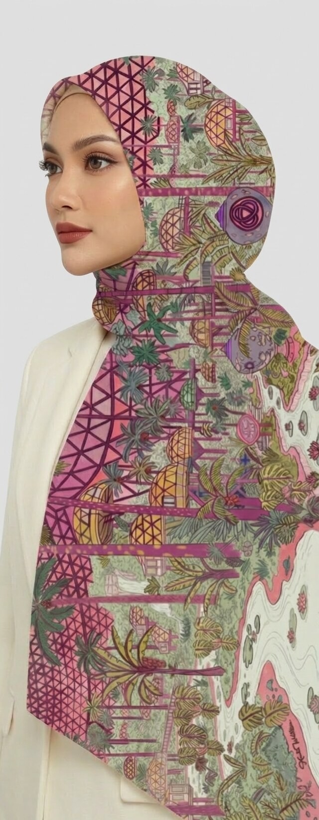 PalmoDonean Shawl & Scarf | Hand-Drawn Pink Geodesic Glasshouse Dome Botanical Conservatory Dome Yellow Spherical Treehouse Cottages on Magenta Stilts Purple Triquetra Urns Desert Date Palms Coconut Palms Fan Palms Royal Palms Bismarck & Traveller Palms Agave Succulents & River with Pink Water Lilies | Dome Cottage Architecture Escape Sanctuary Luxury Resort Wear Shawl by Kurt Wollton DARO Studio
