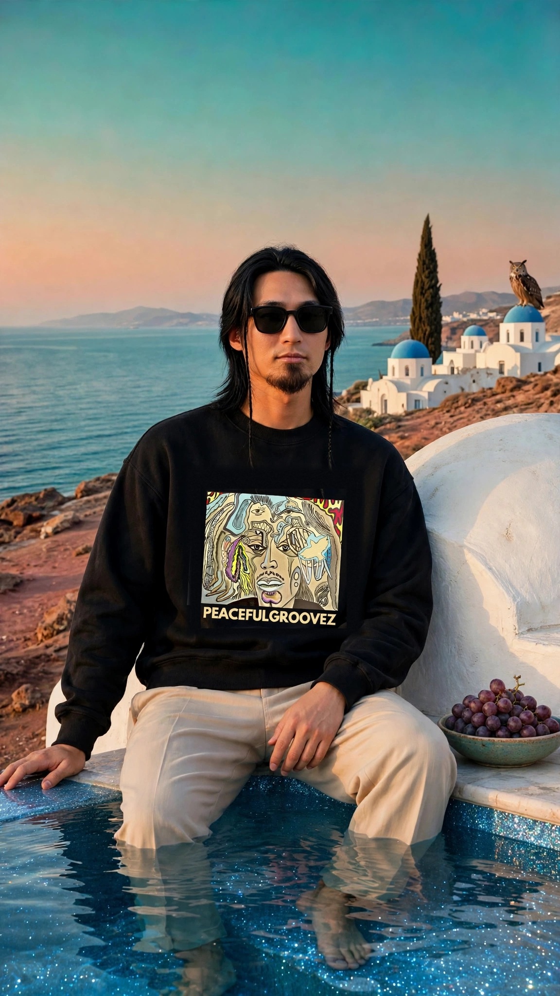 Last Watermelon PeacefulGroovez Black Sweatshirt | Hand-Drawn Surreal Psychedelic Portrait Face Dissolving into Colour & Line with Third Eye & PEACEFULGROOVEZ Text in Santorini Pool Lookbook with Owl on Blue Dome | Surreal Abstract Optical Hidden Detail Bold Indie Vanguard Dopamine Dressing Heavyweight Archive Streetwear 2026 by Kurt Wollton DARO Studio