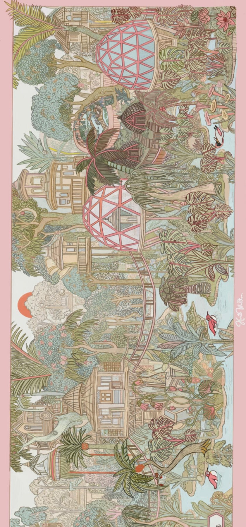Sylvanora Hand-Drawn Shawl | Secret Forest Pavilion Glasshouse Dome Botanical Conservatory Dome Wooden Treehouse Cottages Suspension Bridges Golden Clockwork Gears Victorian Streetlamps Harlequin Checkered Path Triquetra Crest Date Palms Coconut Palms Fan Palms Royal Palms Kentia & Areca Palms Monstera & Red Birds in Soft Desert Sand Dune Padang Pasir & Verdant Green | Sylvanora Dome Cottage Architecture Cozy Cottage Secret Garden Escape Quiet Luxury Old Money Indie Vanguard 1 of 1 Human Made Luxury Resort Shawl 2026 by Kurt Wollton DARO Studio