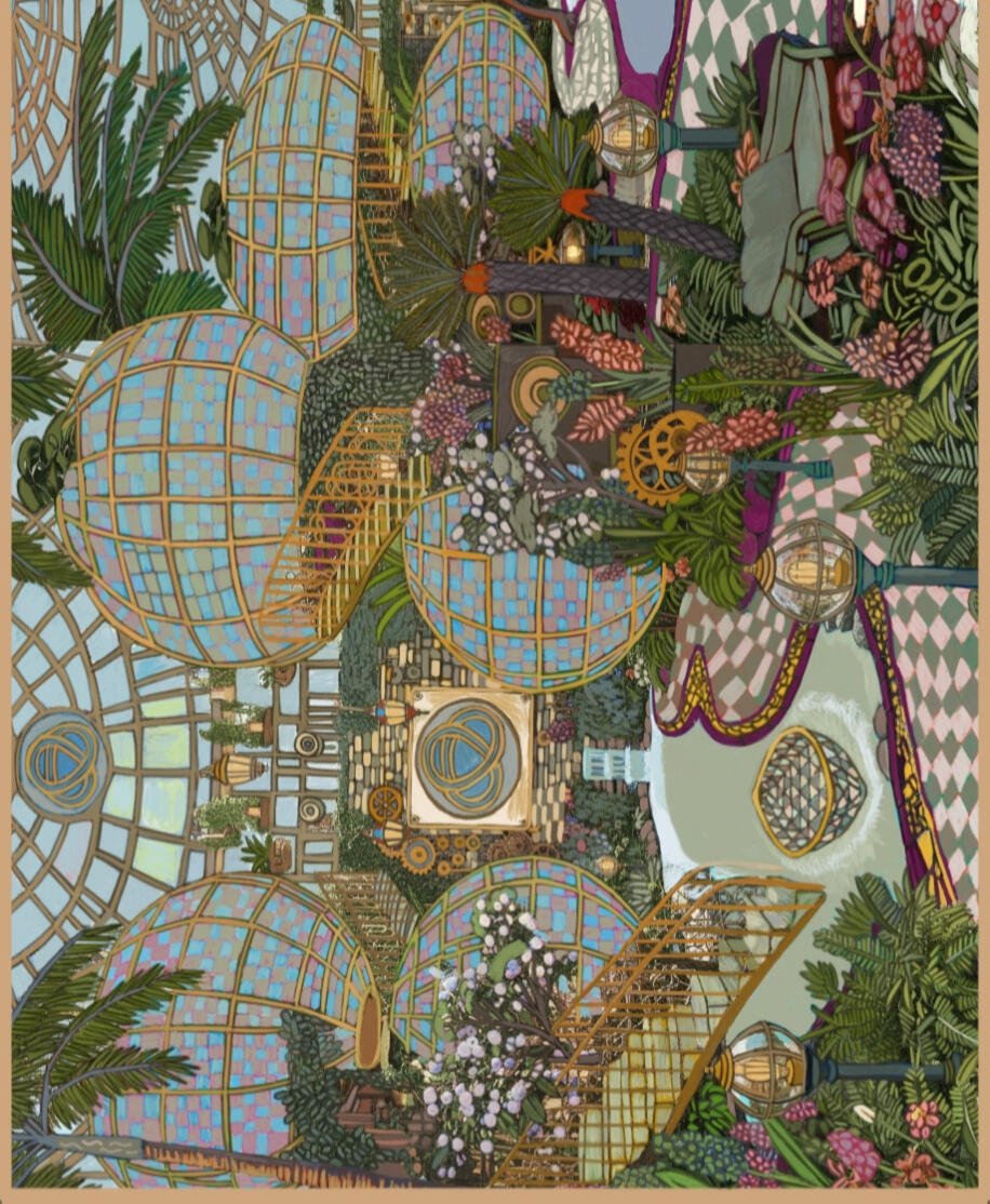 Sylvanora Hand-Drawn Shawl | Secret Forest Pavilion Glasshouse Dome Botanical Conservatory Dome Wooden Treehouse Cottages Suspension Bridges Golden Clockwork Gears Victorian Streetlamps Harlequin Checkered Path Triquetra Crest Date Palms Coconut Palms Fan Palms Royal Palms Kentia & Areca Palms Monstera & Red Birds in Soft Desert Sand Dune Padang Pasir & Verdant Green | Sylvanora Dome Cottage Architecture Cozy Cottage Secret Garden Escape Quiet Luxury Old Money Indie Vanguard 1 of 1 Human Made Luxury Resort Shawl 2026 by Kurt Wollton DARO Studio